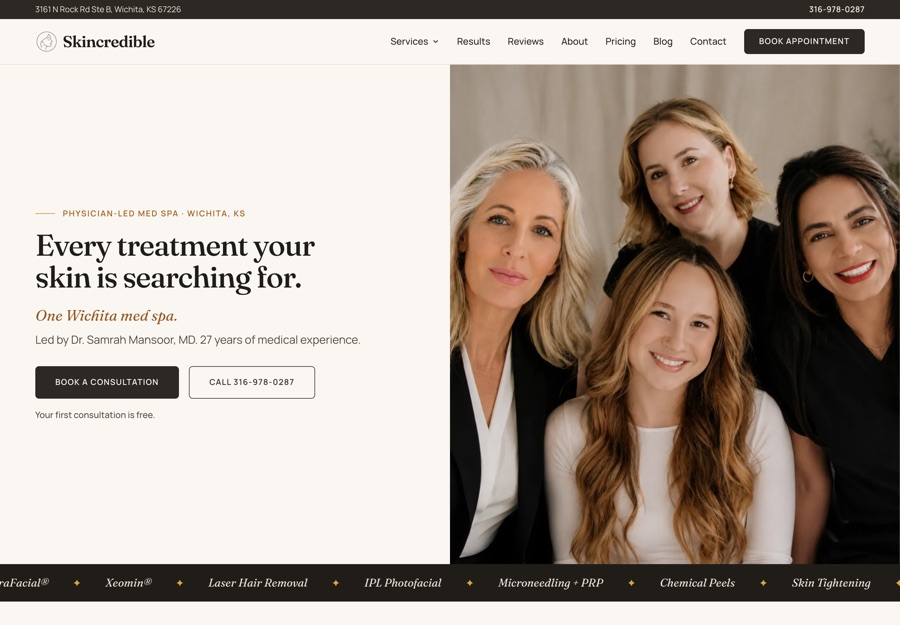 Skincredible Wichita: a website built by Lumenta Digital
